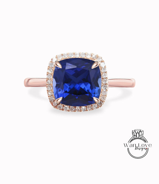 Cushion cut Blue Sapphire engagement ring rose gold halo ring diamond halo tapered plain thin dainty band art deco anniversary promise ring