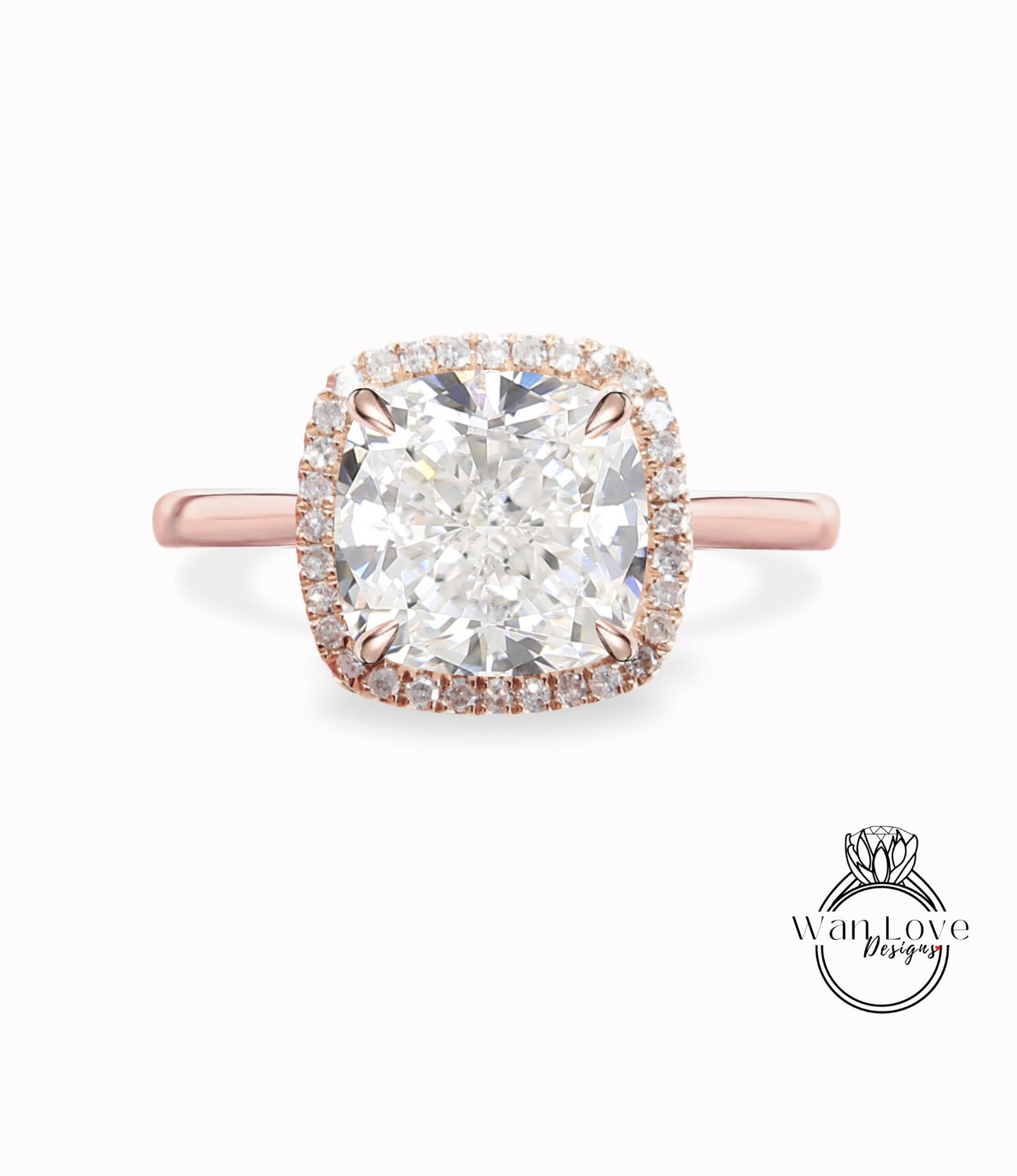 Cushion cut Diamond engagement ring rose gold halo ring lab diamond halo tapered plain thin dainty band art deco anniversary promise ring