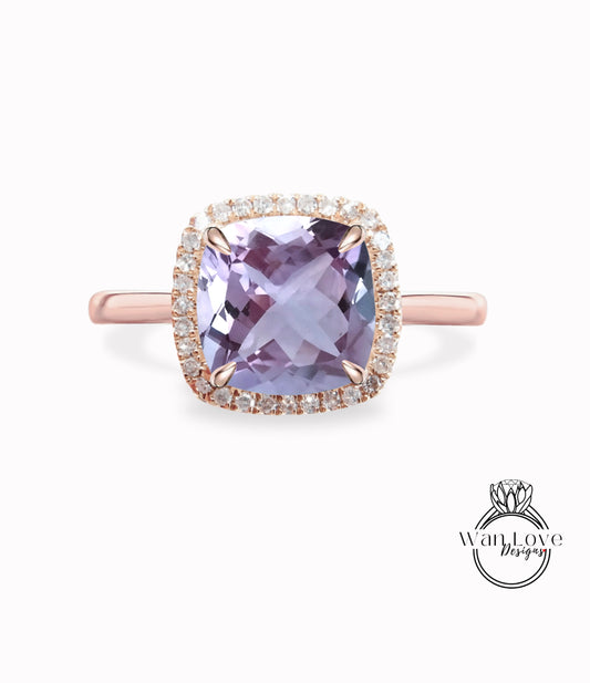 Cushion cut Lavender Amethyst engagement ring rose gold halo ring diamond halo tapered plain thin dainty band art deco anniversary promise ring