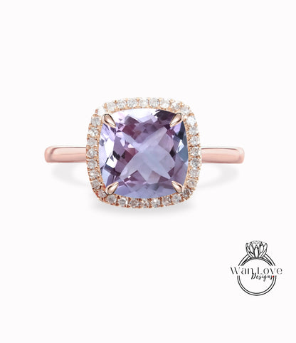 Cushion cut Lavender Amethyst engagement ring rose gold halo ring diamond halo tapered plain thin dainty band art deco anniversary promise ring