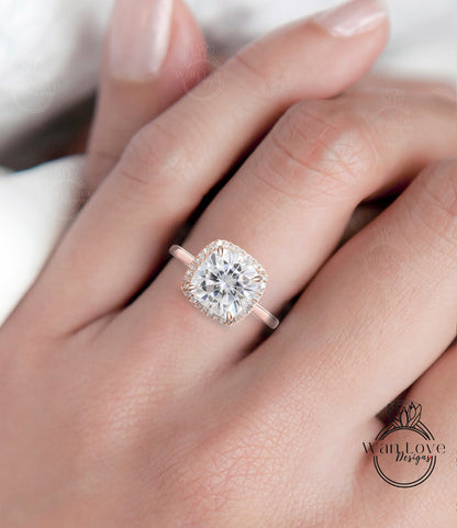Cushion cut Moissanite engagement ring rose gold halo ring diamond halo tapered plain thin dainty band art deco anniversary promise ring