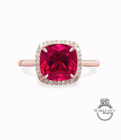 Cushion cut Ruby engagement ring rose gold halo ring diamond halo tapered plain thin dainty band art deco anniversary promise ring