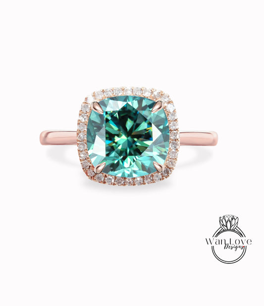 Cushion cut Blue Green Teal Moissanite engagement ring rose gold halo ring diamond halo tapered plain thin dainty band art deco anniversary promise ring