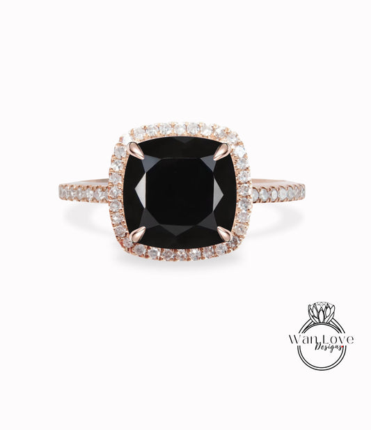 Black Spinel Diamonds Cushion Halo Engagement Ring Round Custom made Wedding Anniversary