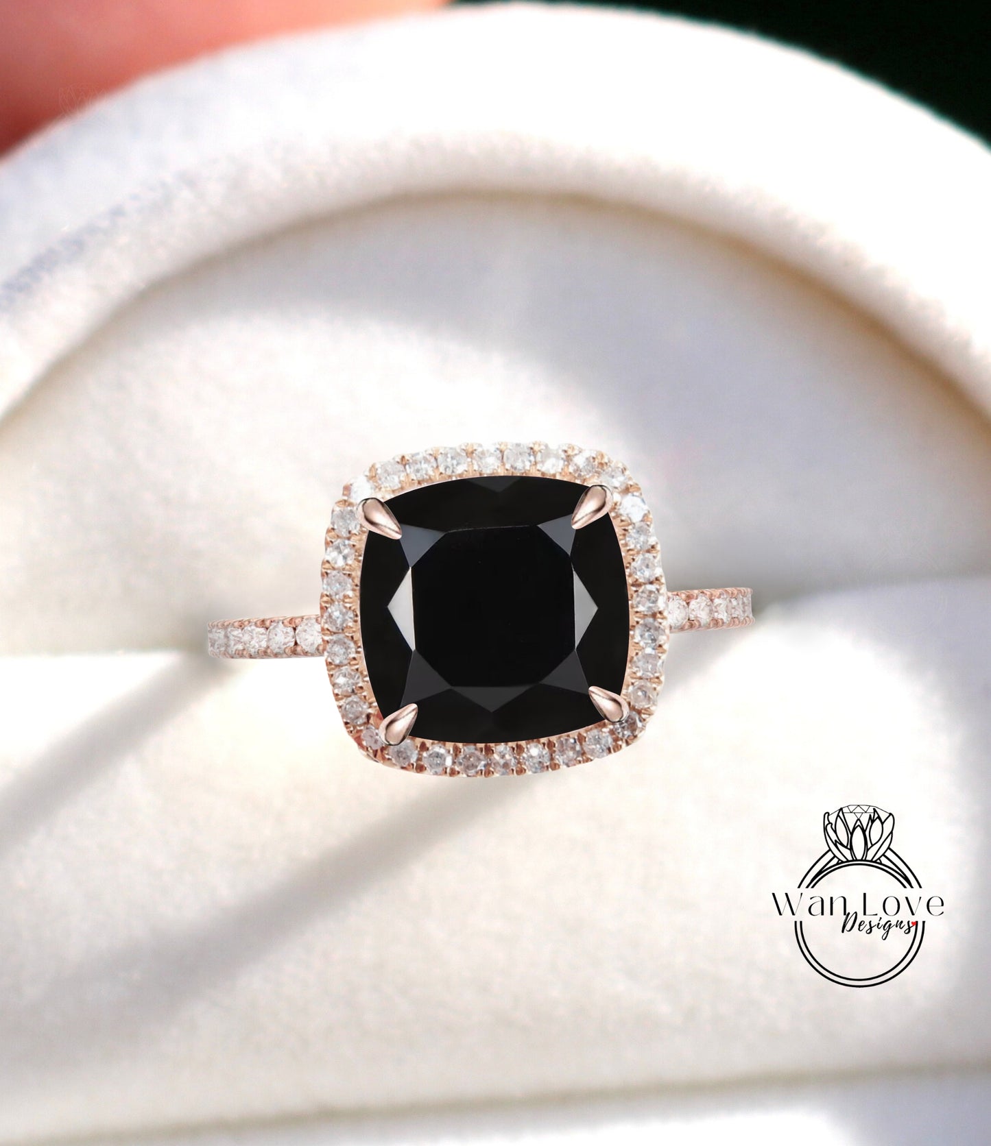 Black Spinel Diamonds Cushion Halo Engagement Ring Round Custom made Wedding Anniversary