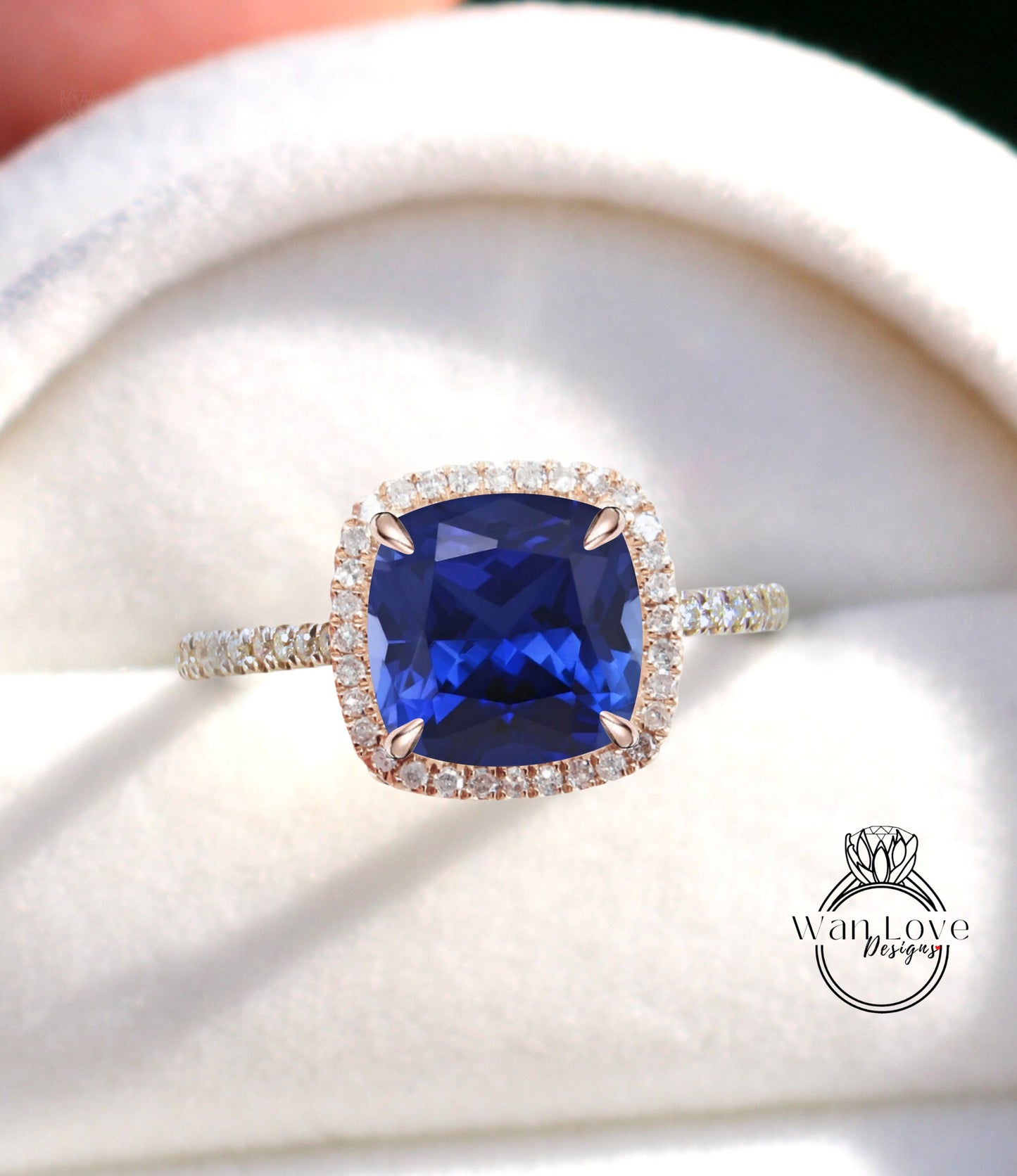 Anello di fidanzamento con zaffiro blu con taglio a cuscino, anello vintage Art Déco in oro rosa con diamanti, pietra portafortuna e zaffiro, anello per anniversario di matrimonio