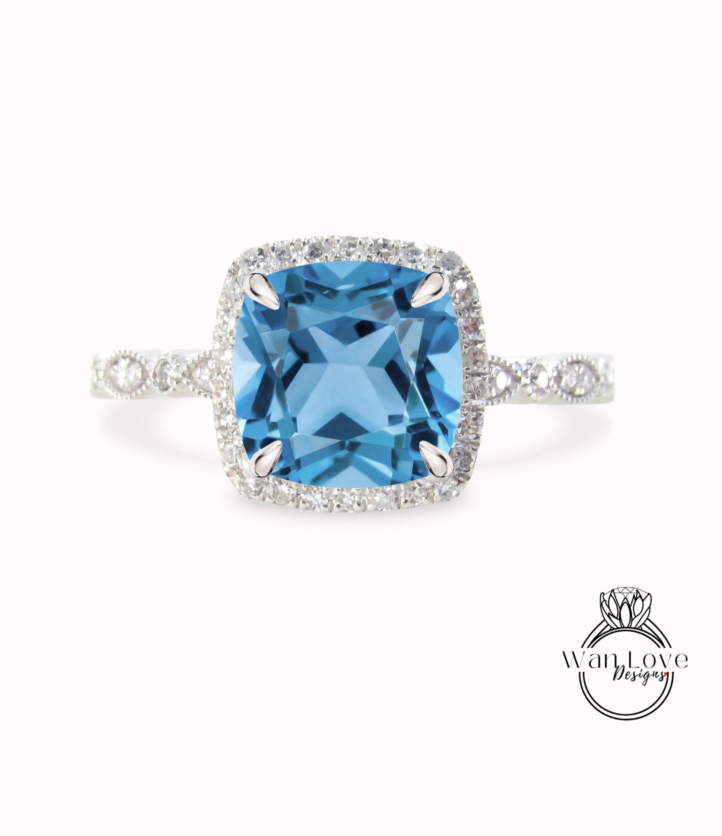 Anello di fidanzamento con spinello blu acquamarina, anello di spinello con diamanti Halo cuscino, anello di fidanzamento con diamanti con spinello blu, fascia smerlata con foglie Milgrain