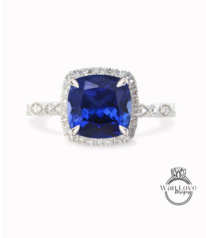 Anello di fidanzamento con zaffiro blu, anello con zaffiro con diamante Halo, anello con diamante di fidanzamento con zaffiro blu, fascia smerlata a foglia Milgrain