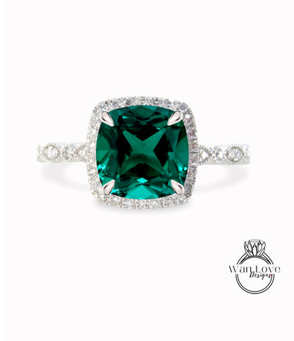 Emerald Engagement Ring, Cushion Halo Diamond Emerald Ring, Green Emerald Engagement Diamond Ring, Milgrain Leaf Scalloped Band