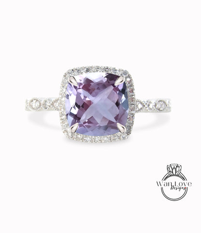 Anello di fidanzamento con ametista lavanda, anello con diamante Halo cuscino, anello con diamante di fidanzamento con ametista, fascia smerlata a foglia Milgrain