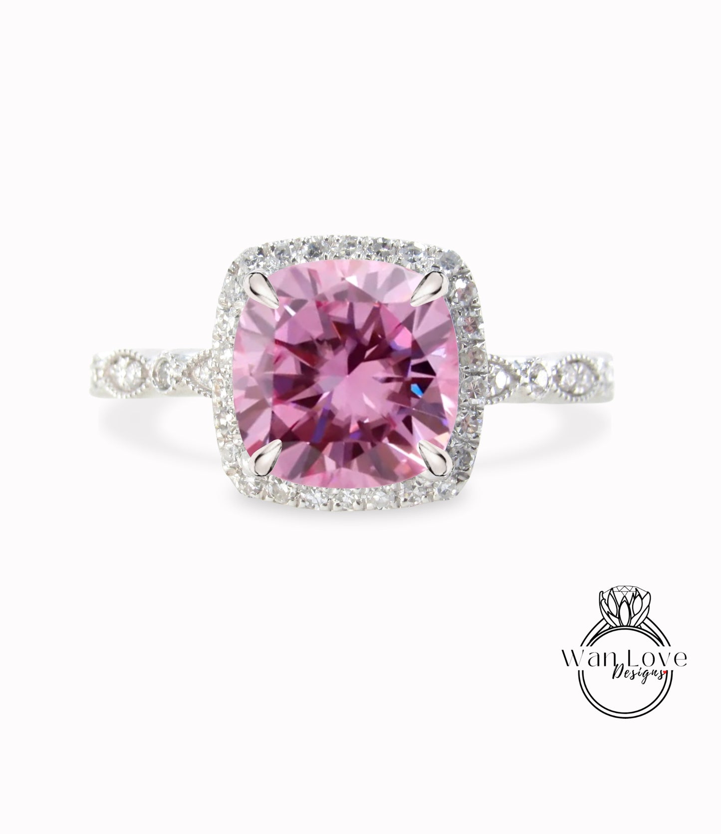 Anello di fidanzamento in moissanite rosa, anello in moissanite con diamante Halo cuscino, anello di fidanzamento in diamante rosa, fascia smerlata con foglie Milgrain