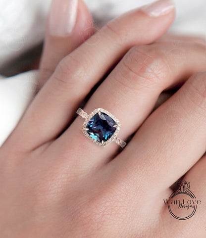 Alexandrite Engagement Ring, Cushion Halo Diamond Alexandrite Ring, Color Change Engagement Diamond Ring, Milgrain Leaf Scalloped Band