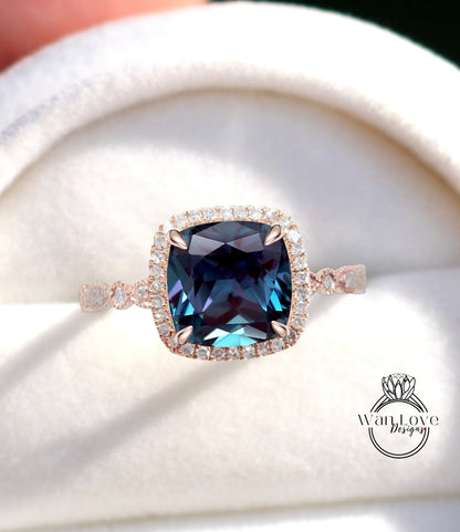 Alexandrite Engagement Ring, Cushion Halo Diamond Alexandrite Ring, Color Change Engagement Diamond Ring, Milgrain Leaf Scalloped Band