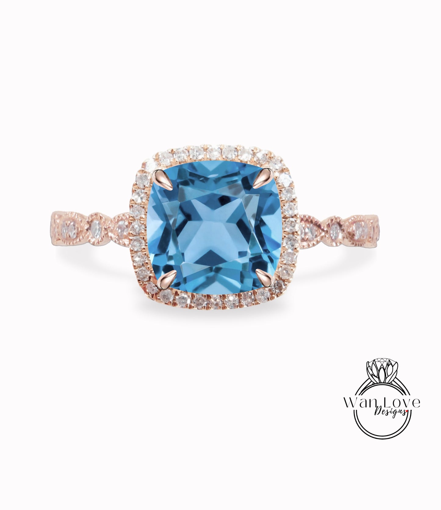 Anello di fidanzamento con spinello blu acquamarina, anello di spinello con diamanti Halo cuscino, anello di fidanzamento con diamanti con spinello blu, fascia smerlata con foglie Milgrain