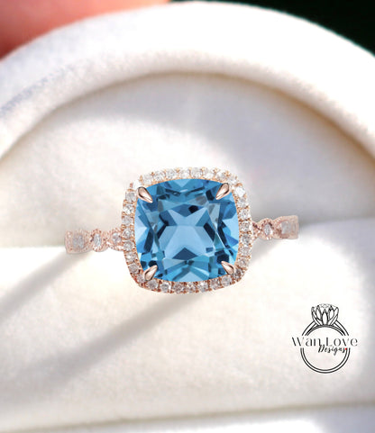 Anello di fidanzamento con spinello blu acquamarina, anello di spinello con diamanti Halo cuscino, anello di fidanzamento con diamanti con spinello blu, fascia smerlata con foglie Milgrain