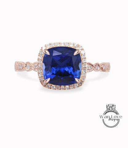 Anello di fidanzamento con zaffiro blu, anello con zaffiro con diamante Halo, anello con diamante di fidanzamento con zaffiro blu, fascia smerlata a foglia Milgrain