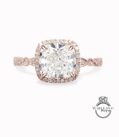 Vintage Diamond engagement ring Cushion diamond halo milgrain ring round diamond white gold diamond ring wedding ring Anniversary promise