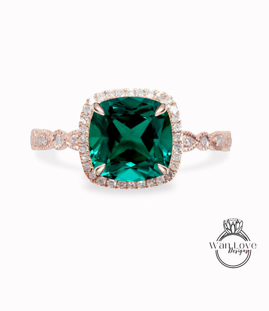 Emerald Engagement Ring, Cushion Halo Diamond Emerald Ring, Green Emerald Engagement Diamond Ring, Milgrain Leaf Scalloped Band