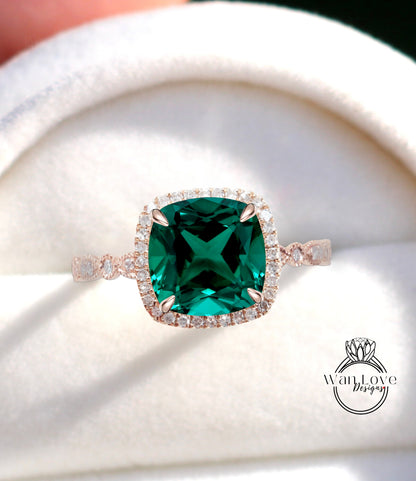 Emerald Engagement Ring, Cushion Halo Diamond Emerald Ring, Green Emerald Engagement Diamond Ring, Milgrain Leaf Scalloped Band