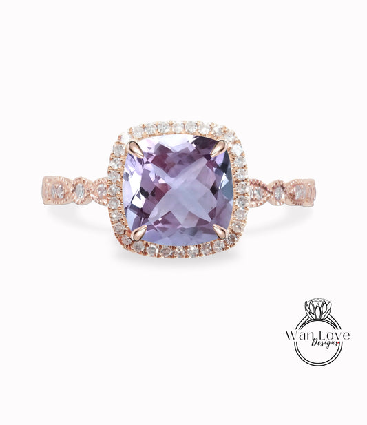 Lavender Amethyst Engagement Ring, Cushion Halo Diamond Ring, Amethyst Engagement Diamond Ring, Milgrain Leaf Scalloped Band