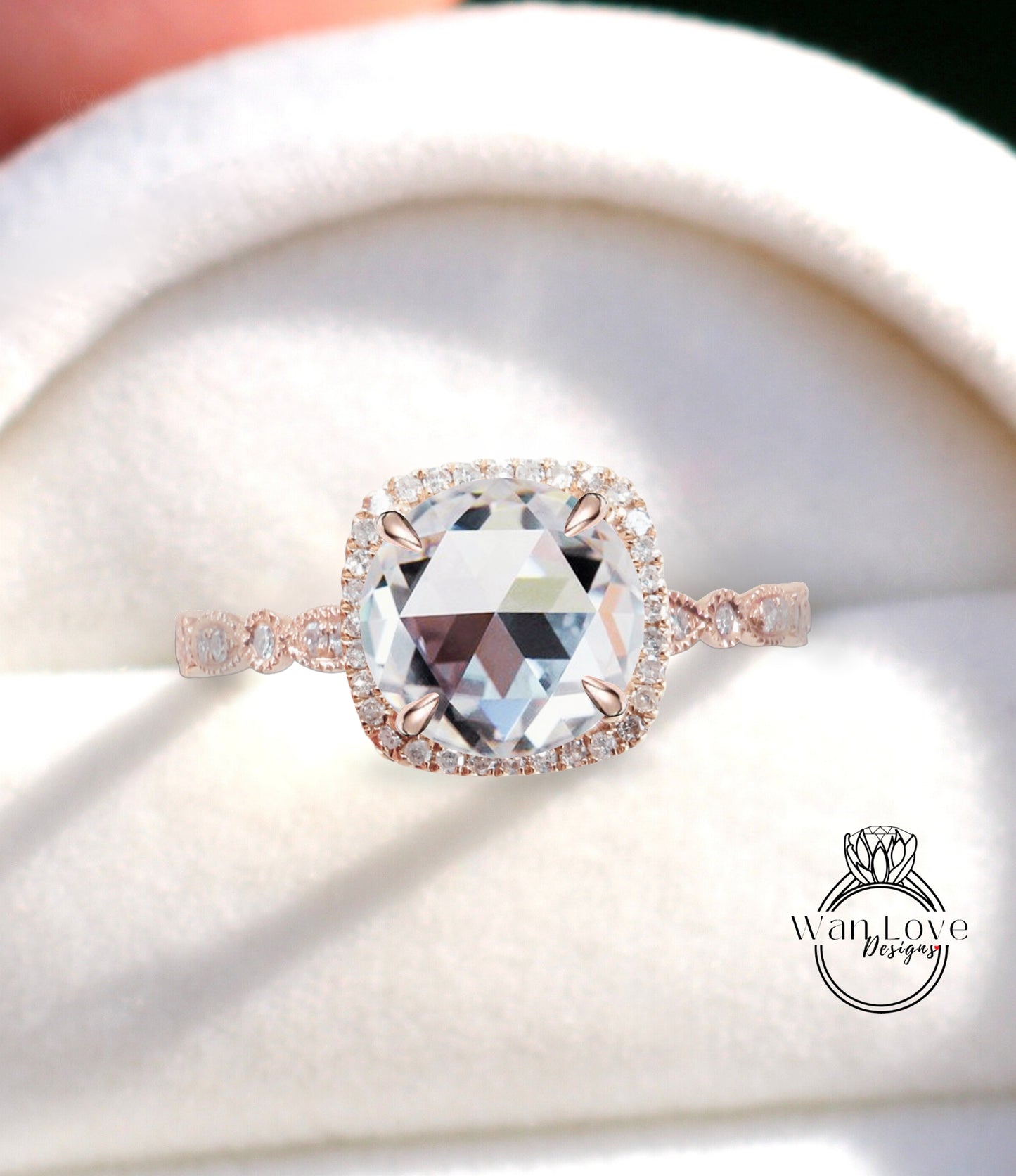 White Sapphire & Diamonds CUshion Halo Rose Cut Scalloped leaf Round Halo Antique style Cabochon Engagement Ring, 14k 18k White Yellow Rose Gold-Platinum-Custom Wedding Bridal jewelry Anniversary gift