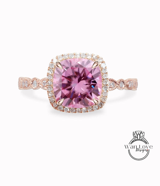Pink Moissanite Engagement Ring, Cushion Halo Diamond Moissanite Ring, Pink Engagement Diamond Ring, Milgrain Leaf Scalloped Band