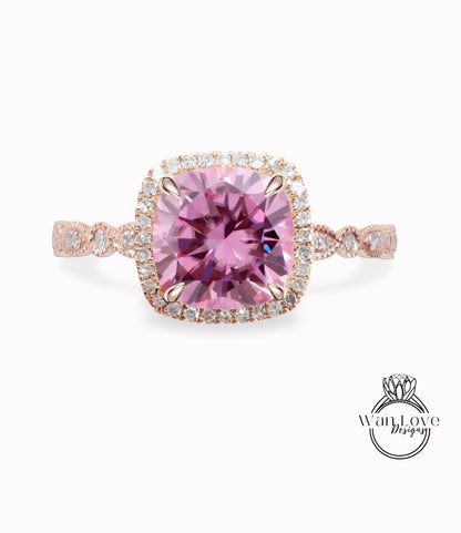 Anello di fidanzamento in moissanite rosa, anello in moissanite con diamante Halo cuscino, anello di fidanzamento in diamante rosa, fascia smerlata con foglie Milgrain