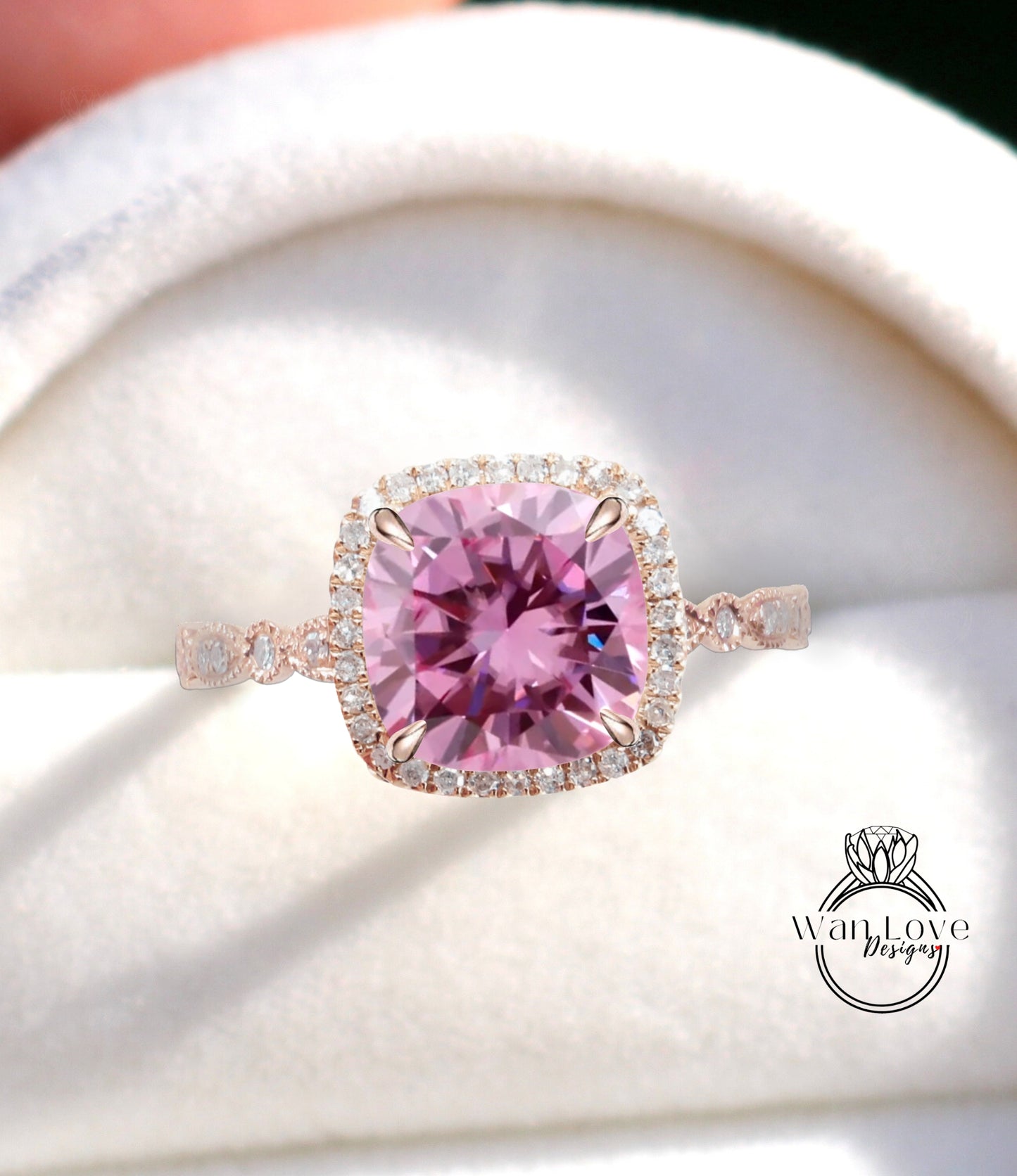 Pink Moissanite Engagement Ring, Cushion Halo Diamond Moissanite Ring, Pink Engagement Diamond Ring, Milgrain Leaf Scalloped Band