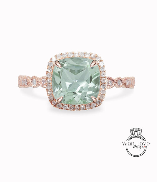 Prasiolite Green Amethyst Engagement Ring, Cushion Halo Diamond Ring, Green Amethyst Engagement Diamond Ring, Milgrain Leaf Scalloped Band