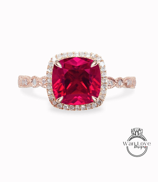 Ruby Engagement Ring, Cushion Halo Diamond Ruby Ring, Red Ruby Engagement Diamond Ring, Milgrain Leaf Scalloped Band