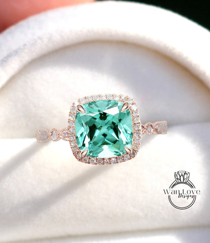 Teal Spinel Engagement Ring Cushion Halo Diamond Spinel Ring vintage Engagement Diamond Ring milgrain Leaf Scalloped Band Bridal promis ring