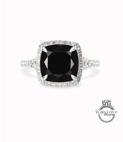 Black Spinel Diamond split shank cushion halo Engagement Ring, Custom Wedding Anniversary Gift, WanLoveDesigns