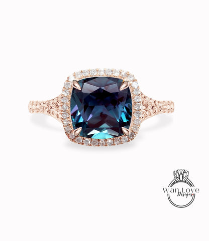 Alexandrite & Diamond Split Shank Cushion Halo Engagement Ring, Wedding-Custom, 14kt 18kt Gold, Platinum, WanLoveDesigns