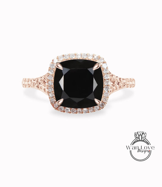 Black Spinel Diamond split shank cushion halo Engagement Ring, Custom Wedding Anniversary Gift, WanLoveDesigns
