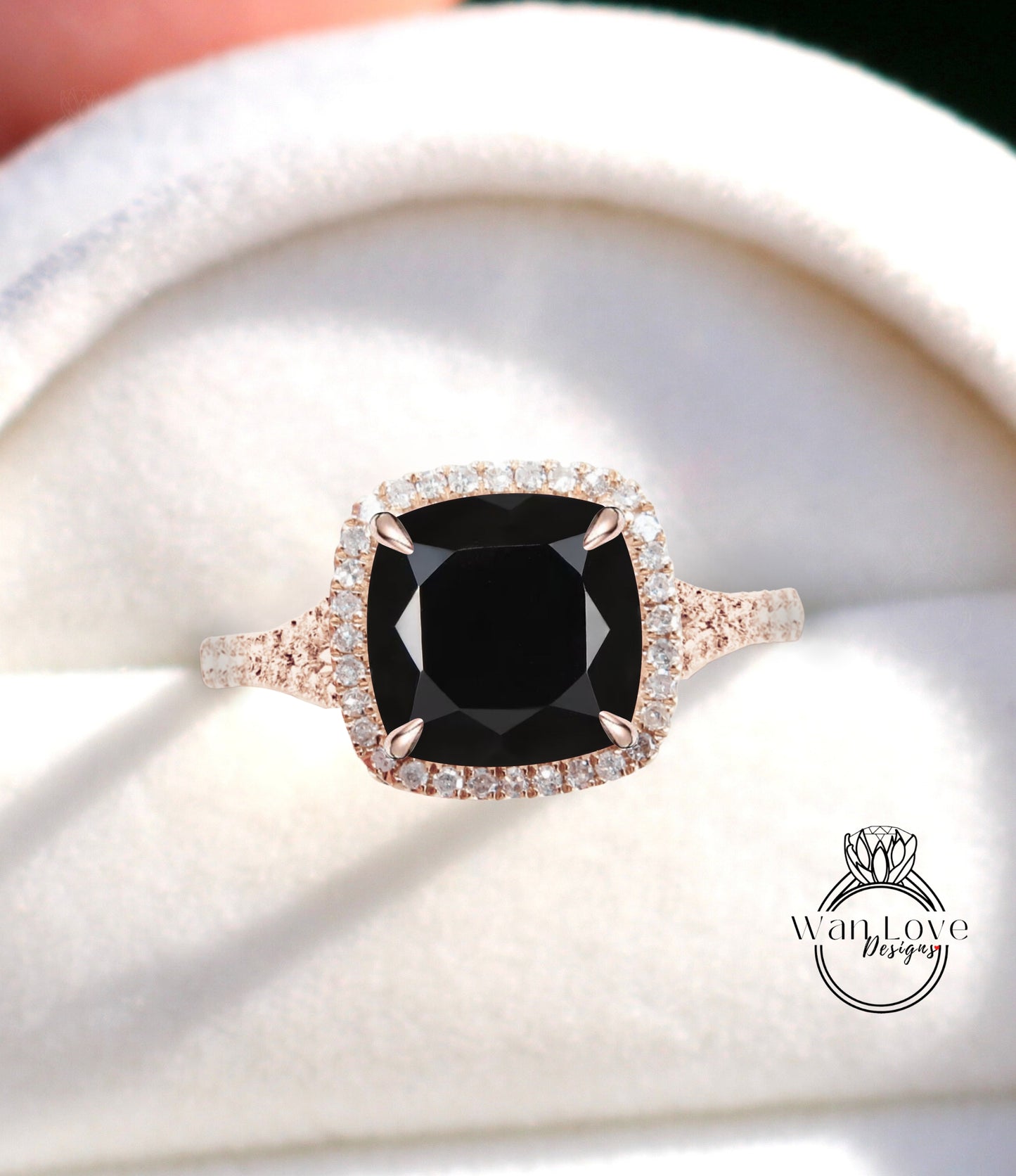 Black Spinel Diamond split shank cushion halo Engagement Ring, Custom Wedding Anniversary Gift, WanLoveDesigns