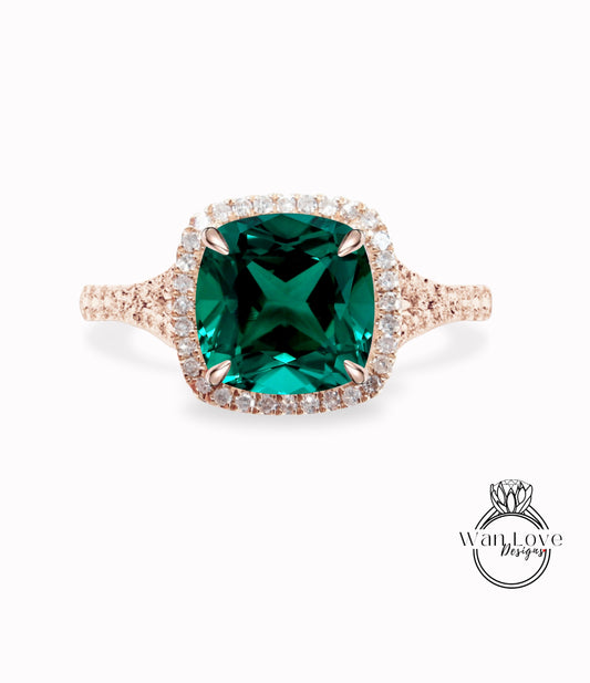 Emerald engagement ring diamond halo ring rose gold cushion cut moissanite diamond split shank ring art deco ring anniversary ring gift