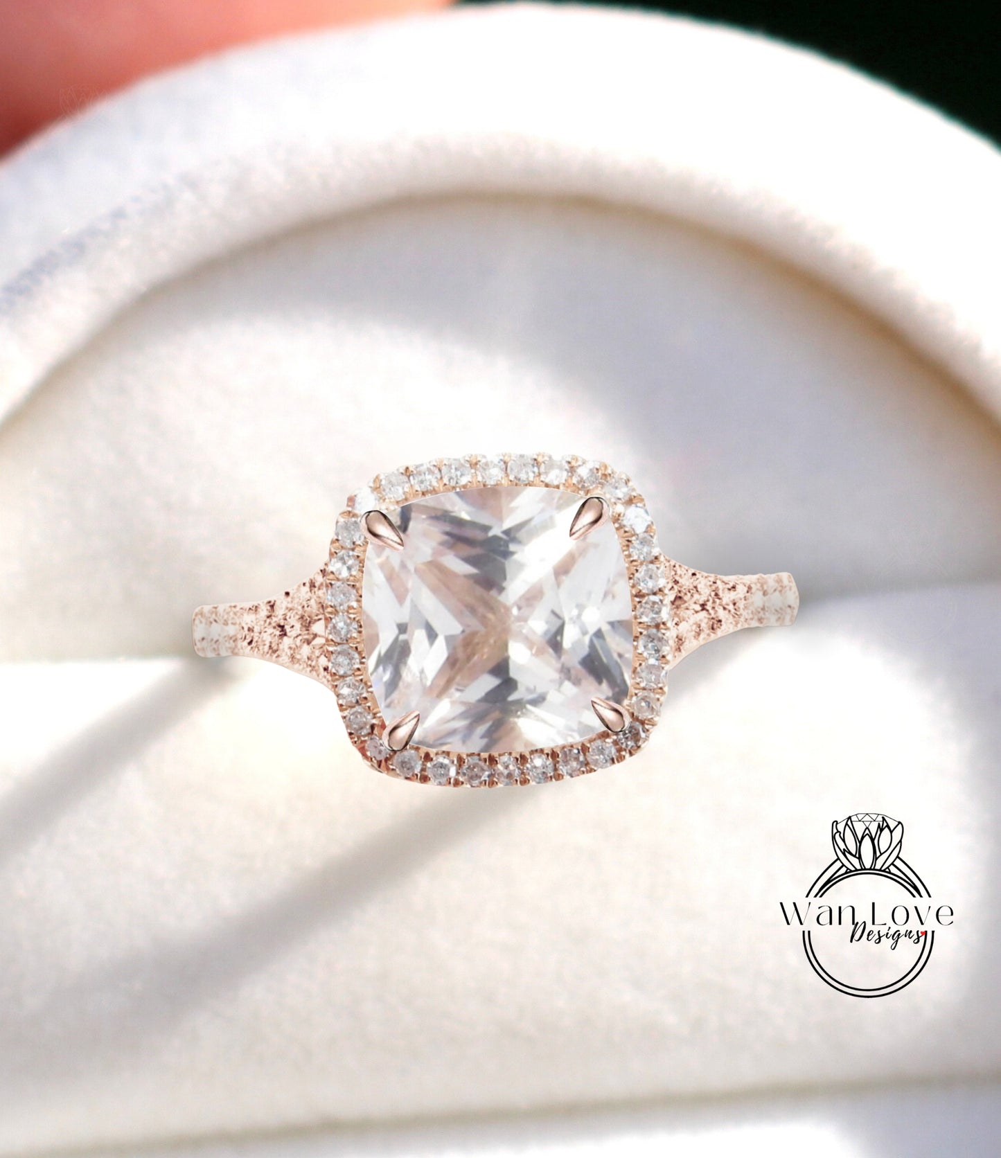 Light Pink Sapphire & Diamond Cushion Halo Split Shank Engagement Ring, Custom 14kt 18kt Yellow Gold Platinum, WanLoveDesigns