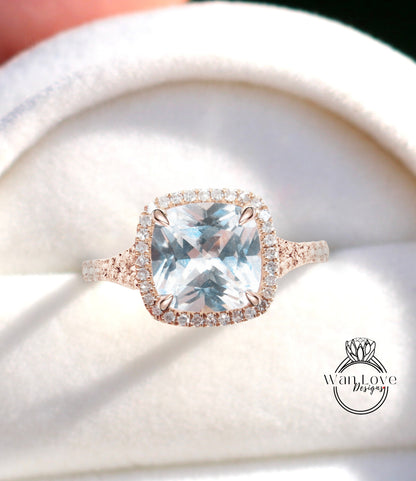 Anello di fidanzamento con zaffiro bianco, anello con alone di diamanti, cuscino in oro rosa, con diamante moissanite, anello con gambo diviso, anello art deco, anello anniversario, regalo