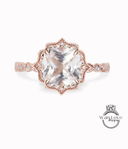 Cushion Light Pink Sapphire engagement ring rose gold Vintage Diamond halo bridal ring antique milgrain wedding ring promise Aniversary ring