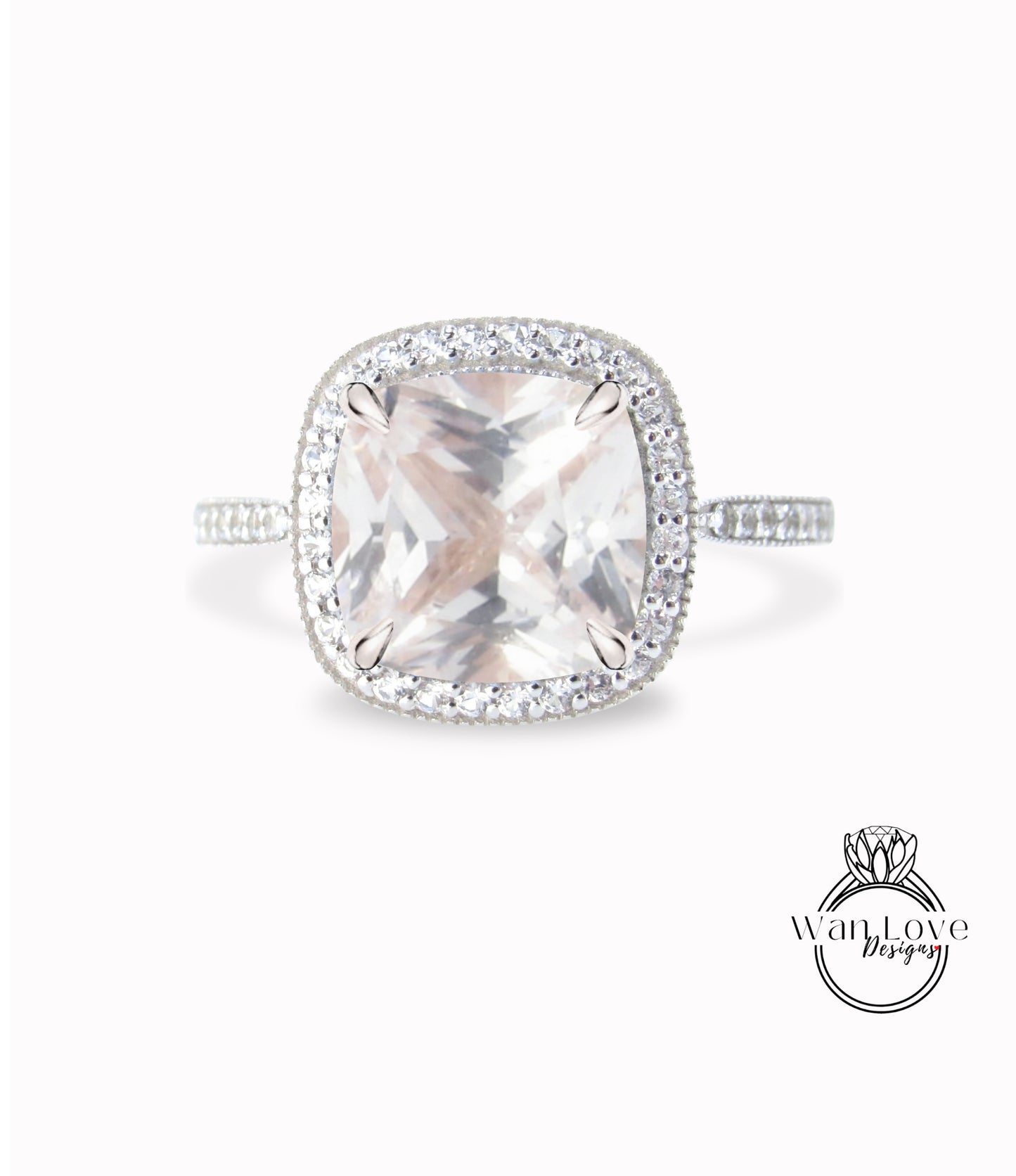 Anello di fidanzamento con zaffiro rosa chiaro taglio cuscino, anello nuziale Halo con diamante/Moissanite, anello personalizzato Half Eternity con diamante Milgrain, oro 14k/18k