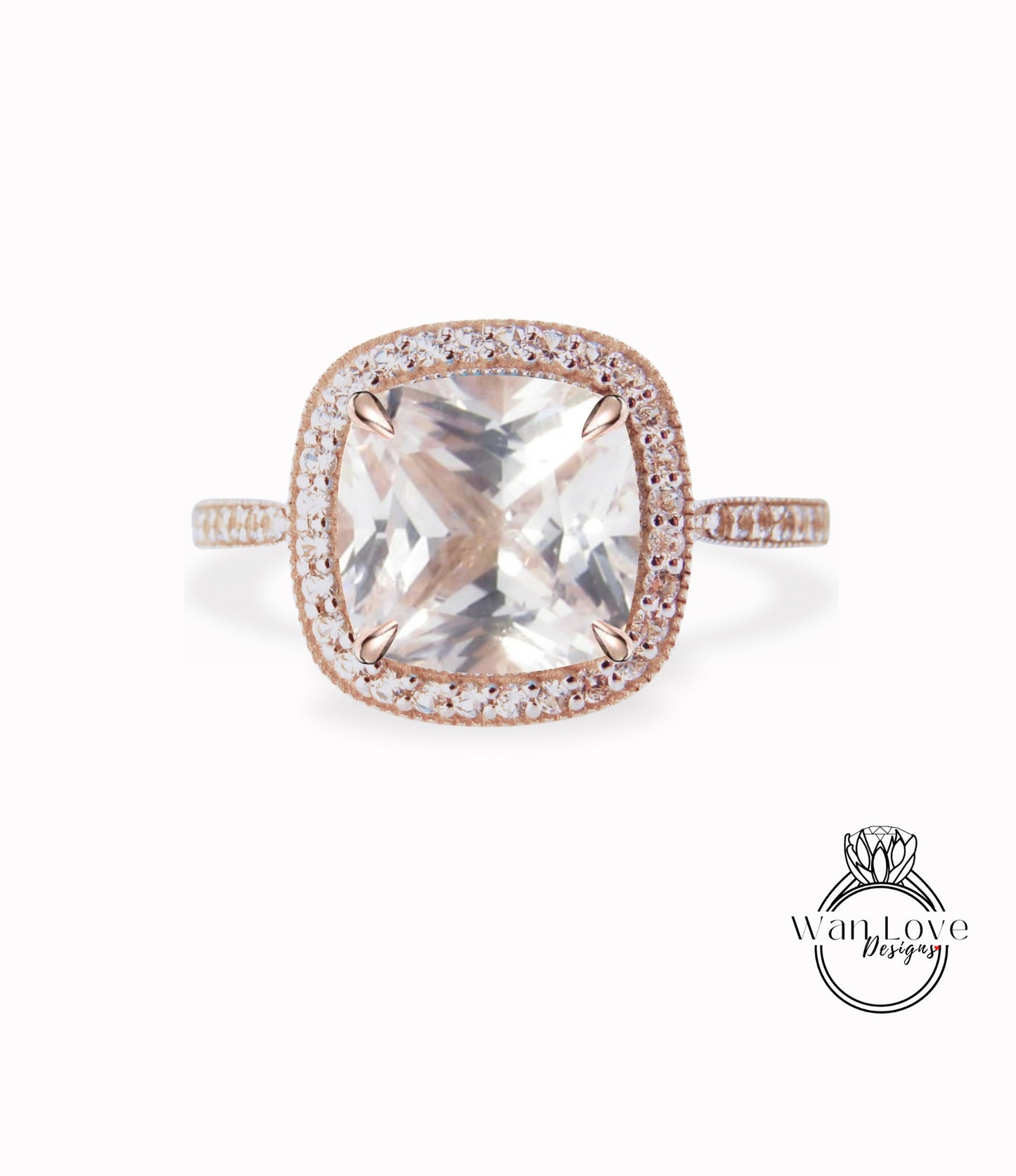 Anello di fidanzamento con zaffiro rosa chiaro taglio cuscino, anello nuziale Halo con diamante/Moissanite, anello personalizzato Half Eternity con diamante Milgrain, oro 14k/18k