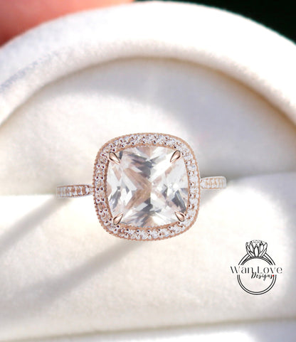 Anello di fidanzamento con zaffiro rosa chiaro taglio cuscino, anello nuziale Halo con diamante/Moissanite, anello personalizzato Half Eternity con diamante Milgrain, oro 14k/18k