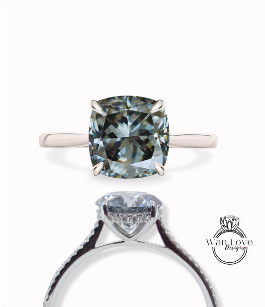 Gray Moissanite & Diamond Cushion Side Halo plain tapered band Engagement Ring, Cushion hidden Halo Diamond Moissanite Ring, Grey Engagement Diamond Ring, Anniversary Gift