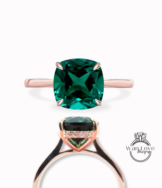 Emerald & Diamond side halo Engagement Ring Cushion cut tapered plain gold Ring Art Deco Wedding Bridal Ring Anniversary Promise Ring