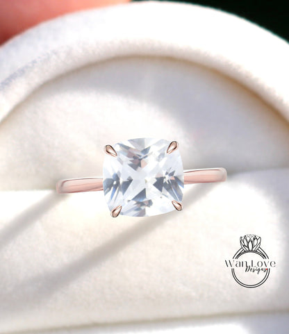 White Sapphire & Diamond Cushion Halo Engagement Ring Custom made-Wedding-Anniversary-14k 18k White Yellow Rose gold-Platinum