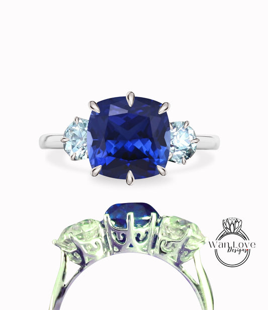 Blue Sapphire & Moissanite 3 Gem OMC OEC Old cut Engagement Ring 14k 18k White Yellow Rose Gold Platinum Custom Wedding Anniversary