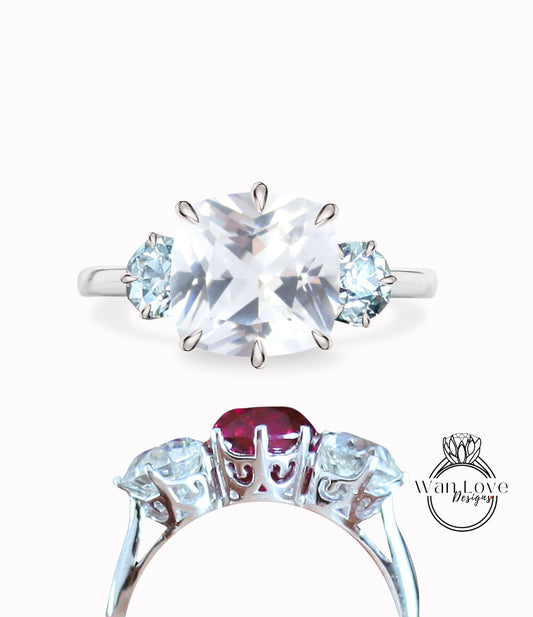 White Sapphire & Moissanite 3 Gem stone Engagement Ring OMC OEC 14k 18k White Yellow Rose Gold Platinum Custom Wedding Anniversary