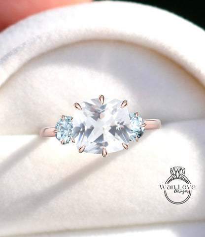 Anello di fidanzamento con 3 pietre preziose con zaffiro bianco e Moissanite OMC OEC 14k 18k Bianco Giallo Oro rosa Platino Anniversario di matrimonio personalizzato