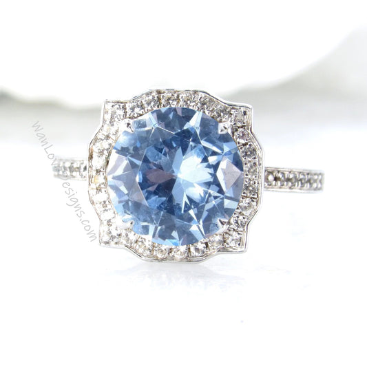 Aquamarine Blue Spinel & Diamond Antique Bezel Frame Engagement Ring, 14k 18k White Yellow Rose Gold-Platinum-Custom-Wedding