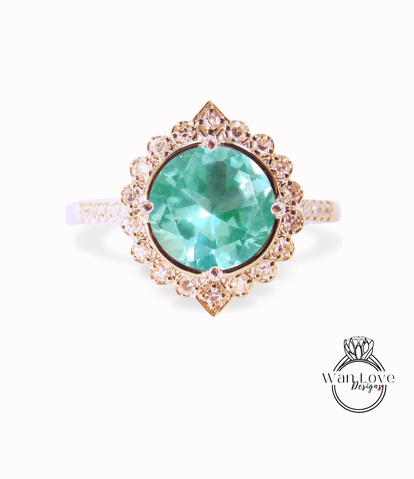 Anello di fidanzamento con spinello verde acqua e diamanti geometrici Halo, rotondo, personalizzato, 14k 18k bianco giallo oro rosa-platino-matrimonio, regalo di anniversario